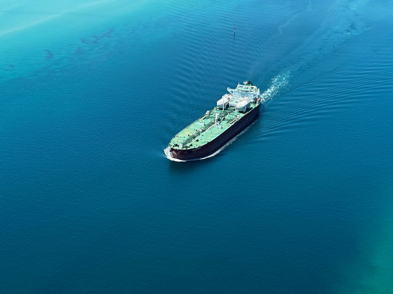 A coastal tanker under way, seen from the air