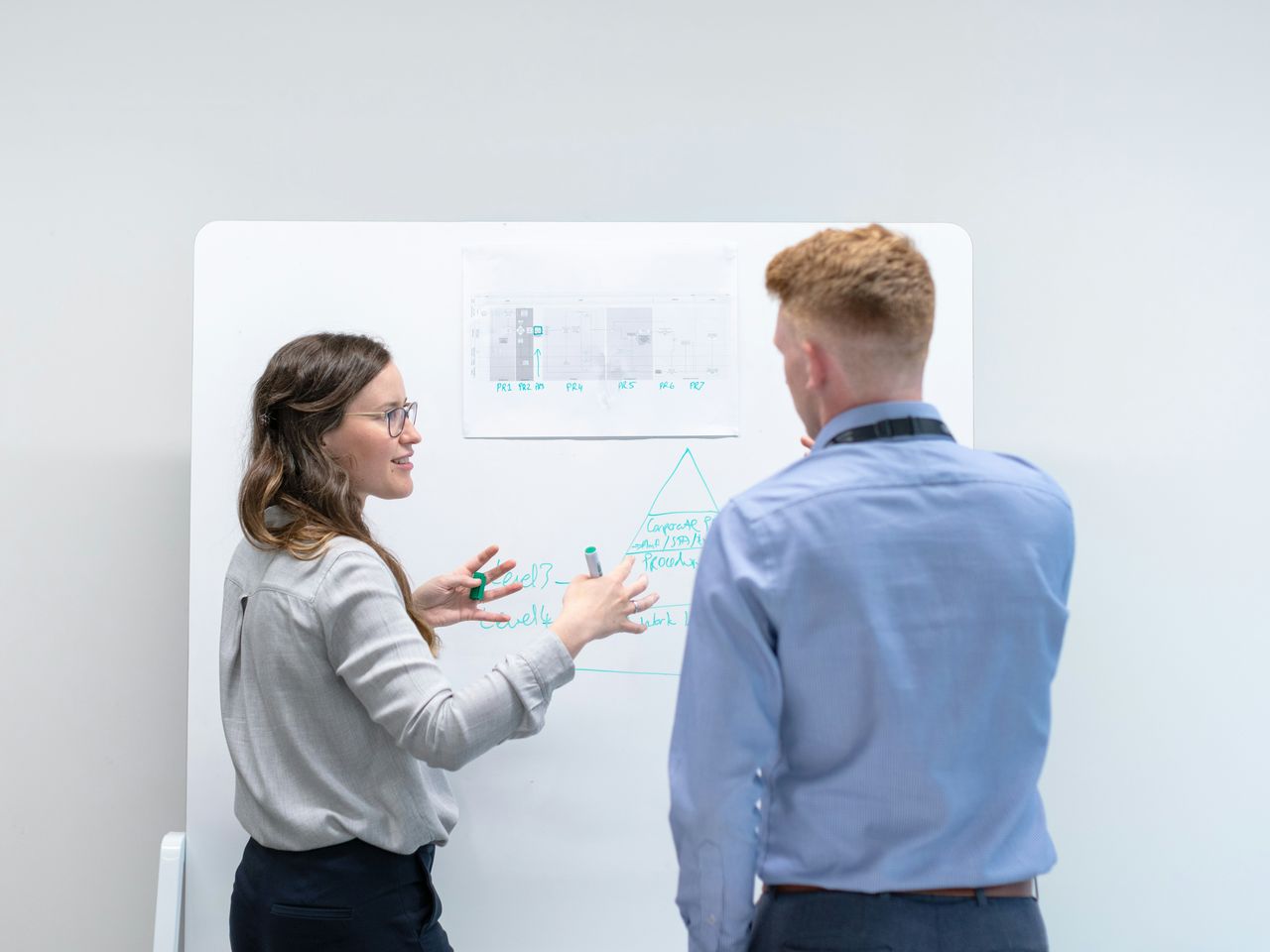 Two engineers working through a problem at a whiteboard